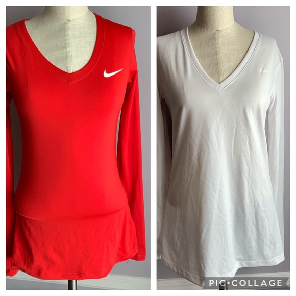 Nike Tops - 2 Nike Dri Fit long sleeve V neck fitted workout tops, red and white